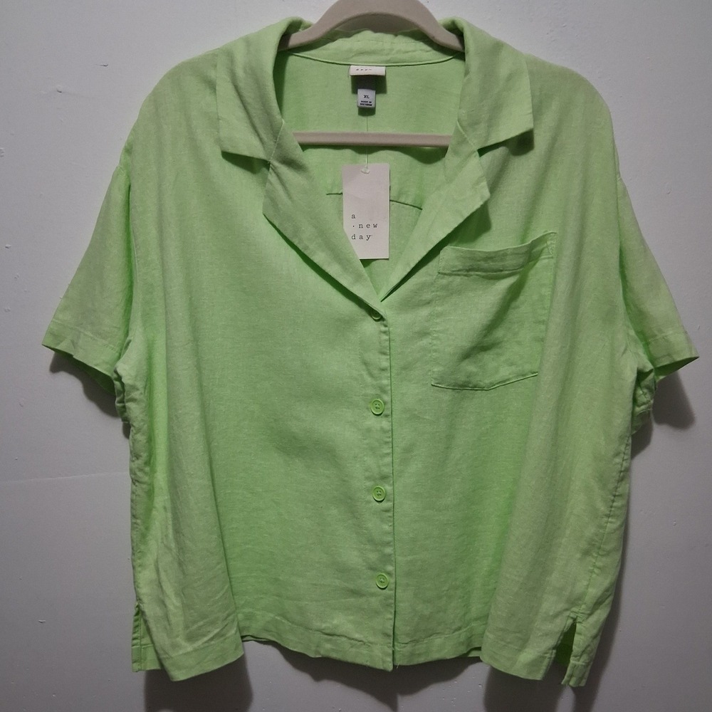 A New Day Women XL Lime Green Linen Blend Short Sleeve Button Down Shirt NWT - Picture 1 of 7